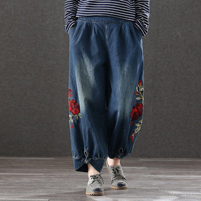 Embroidered Retro Loose Waist Jeans May 2020-New Arrival One Size Blue 