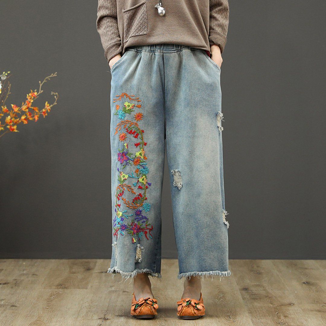 Embroidery Elastic Waist Ragged Jeans