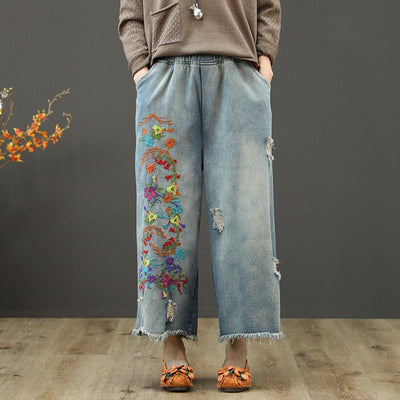 Embroidery Elastic Waist Ragged Jeans
