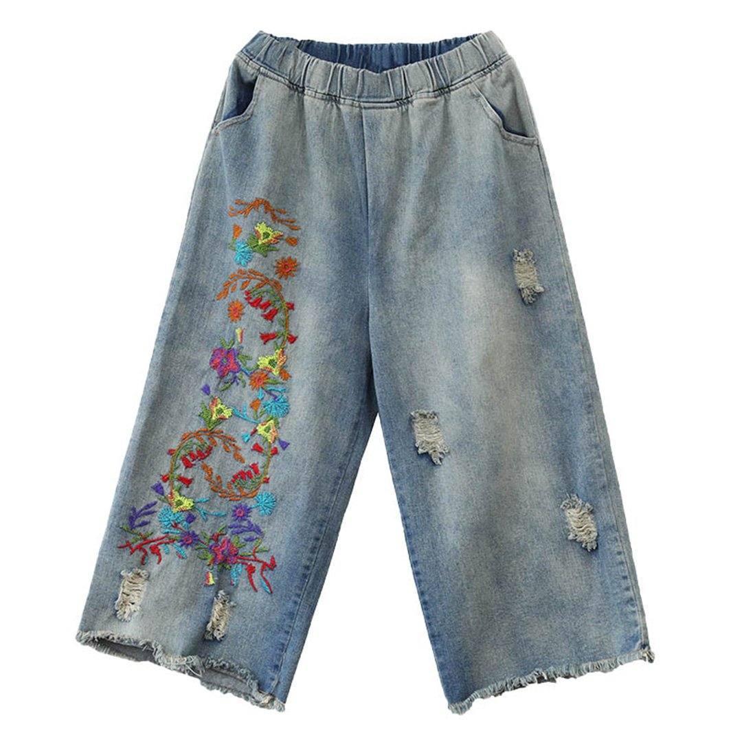 Embroidery Elastic Waist Ragged Jeans 2019 New December 