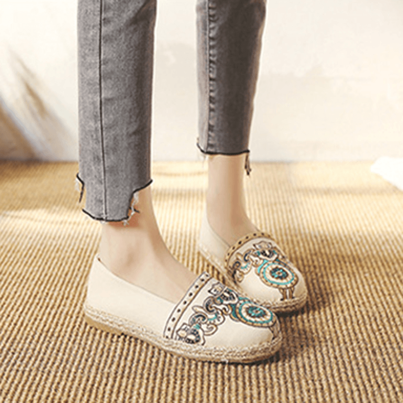 Embroidery Flat-bottom Breathable Straw Shoes March 2021 New-Arrival 35 Beige 