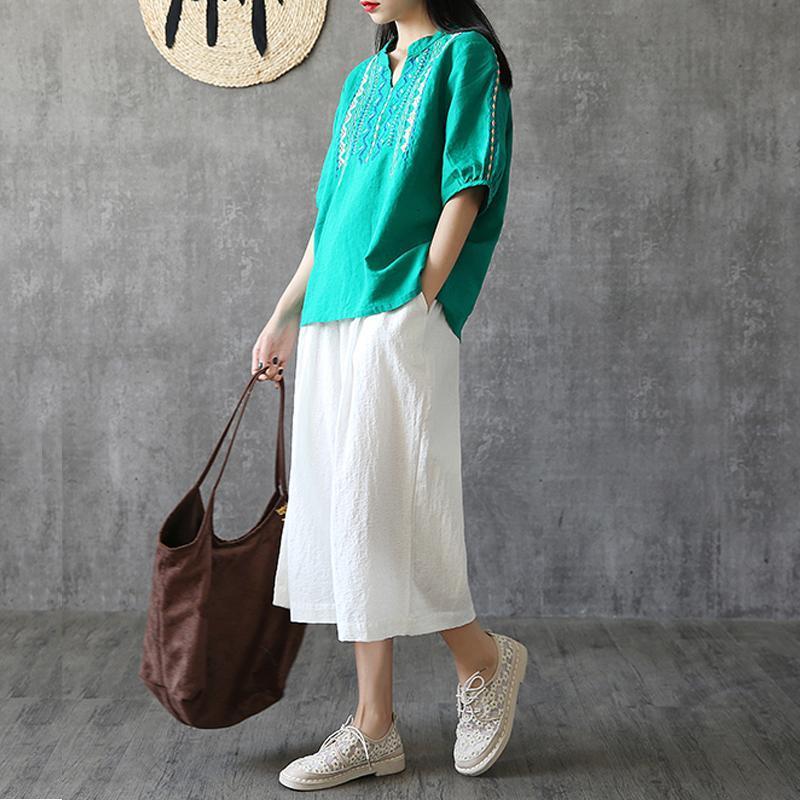 Embroidery Loose V-Neck Cotton Linen T-Shirt