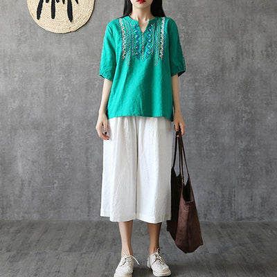 Embroidery Loose V-Neck Cotton Linen T-Shirt 2019 April New 