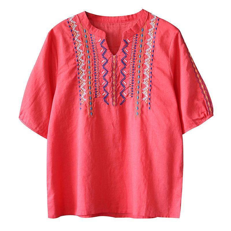 Embroidery Loose V-Neck Cotton Linen T-Shirt 2019 April New 