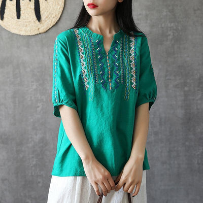 Embroidery Loose V-Neck Cotton Linen T-Shirt 2019 April New One Size Green 
