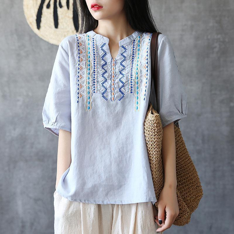 Embroidery Loose V-Neck Cotton Linen T-Shirt 2019 April New One Size Light Blue 