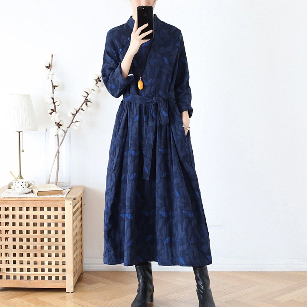 Ethnic Plate Buckle Cotton Linen Women Winter Dress 2019 November New M Blue 
