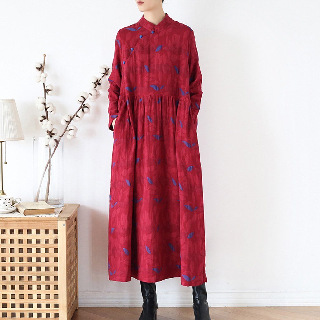 Ethnic Plate Buckle Cotton Linen Women Winter Dress 2019 November New M Red 