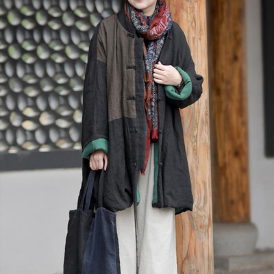 Ethnic Retro Winter Cotton Padded Linen Coat Dec 2021 New Arrival One Size Black 