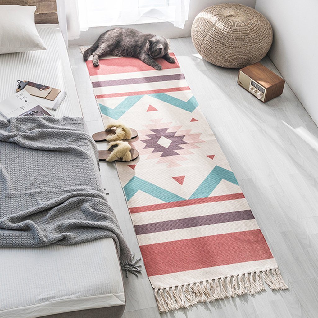 Ethnic Style Cotton Linen Bedroom Carpet Mat Home Linen 