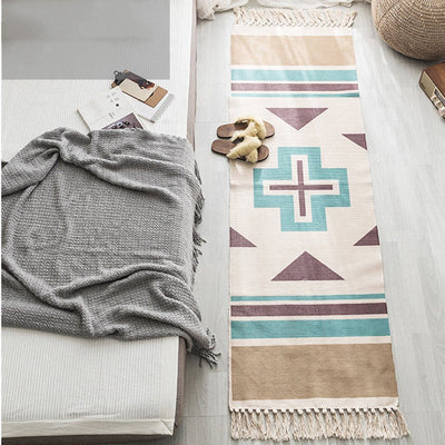 Ethnic Style Cotton Linen Bedroom Carpet Mat