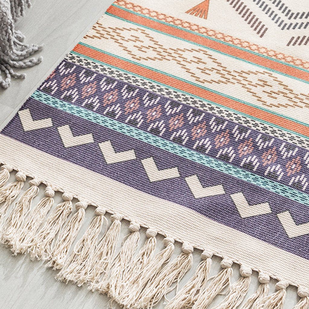 Ethnic Style Cotton Linen Bedroom Carpet Mat