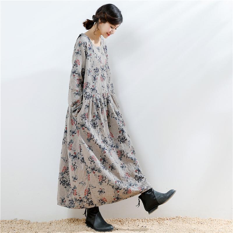 Ethnic Style Floral Loose Vintage Linen Dress - Babakud