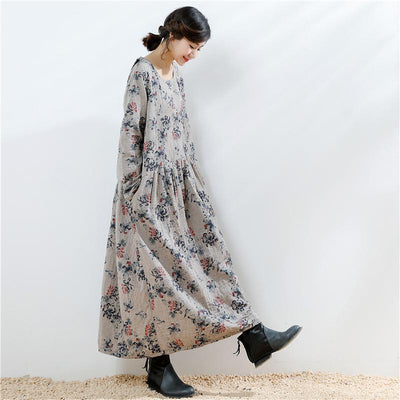 Ethnic Style Floral Loose Vintage Linen Dress