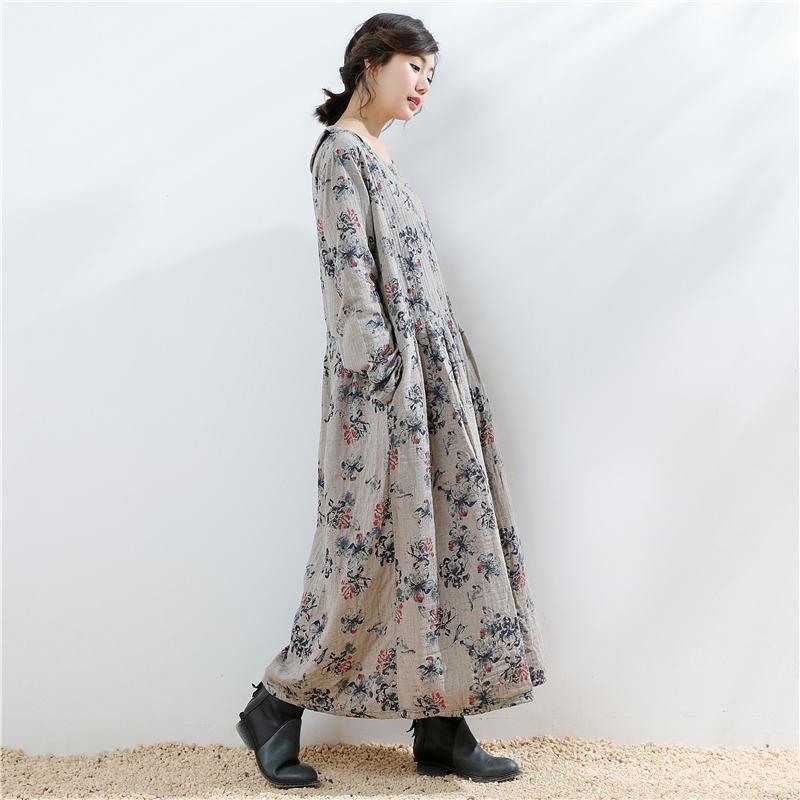 Ethnic Style Floral Loose Vintage Linen Dress
