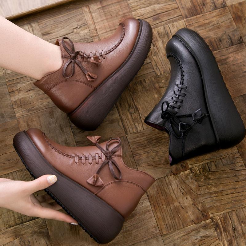 Ethnic Style Platform Women's Shoes Retro Leather Ankle Boots OCT 35 BROWN 