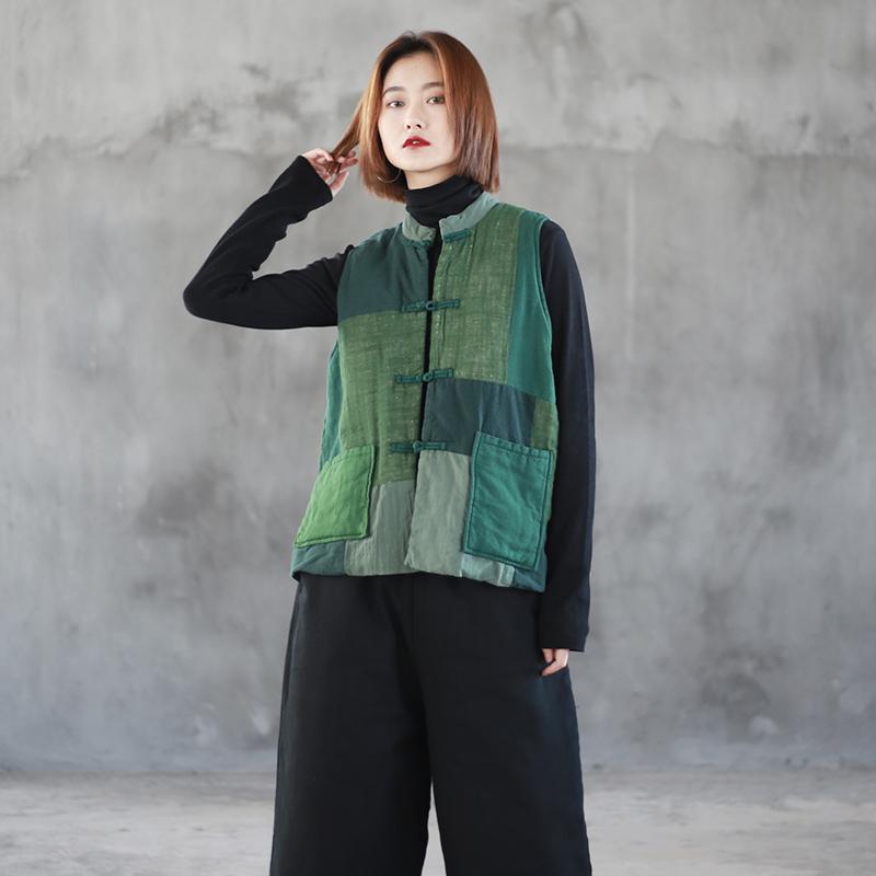 Ethnic Style Short Cotton And Linen Padded Jacket OCT green 