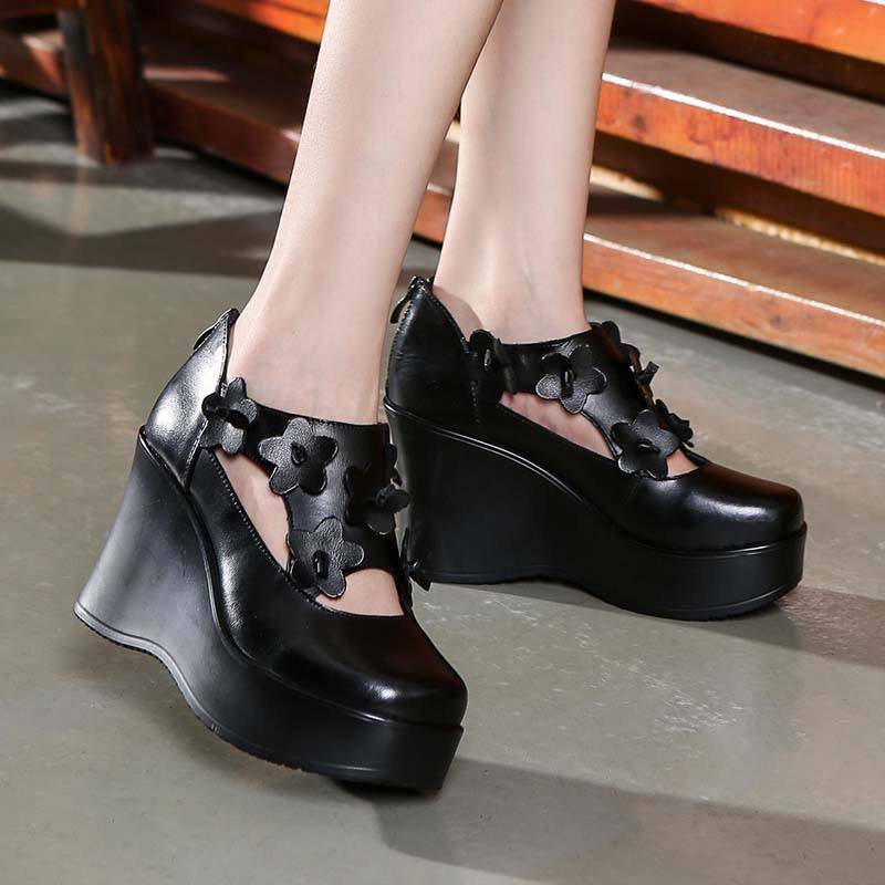 Ethnic Style Women's Shoes Leather Retro Flower Shoes Slope OCT 35 black 