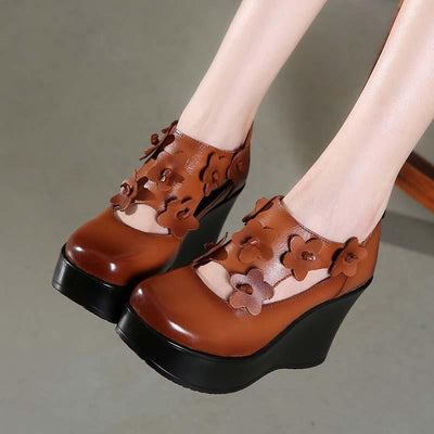 Ethnic Style Women's Shoes Leather Retro Flower Shoes Slope OCT 35 brown 