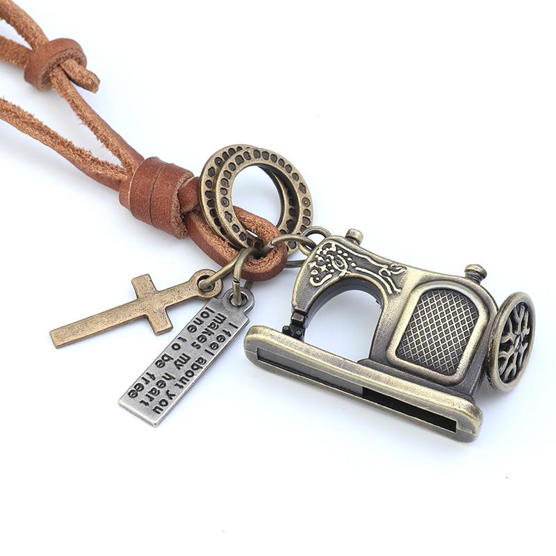 European and American Retro Art Small Fresh Trend Necklace ACCESSORIES light brown sewing machine black leather white ancient robot 