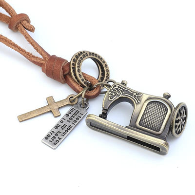 European and American Retro Art Small Fresh Trend Necklace ACCESSORIES light brown sewing machine black leather white ancient robot 