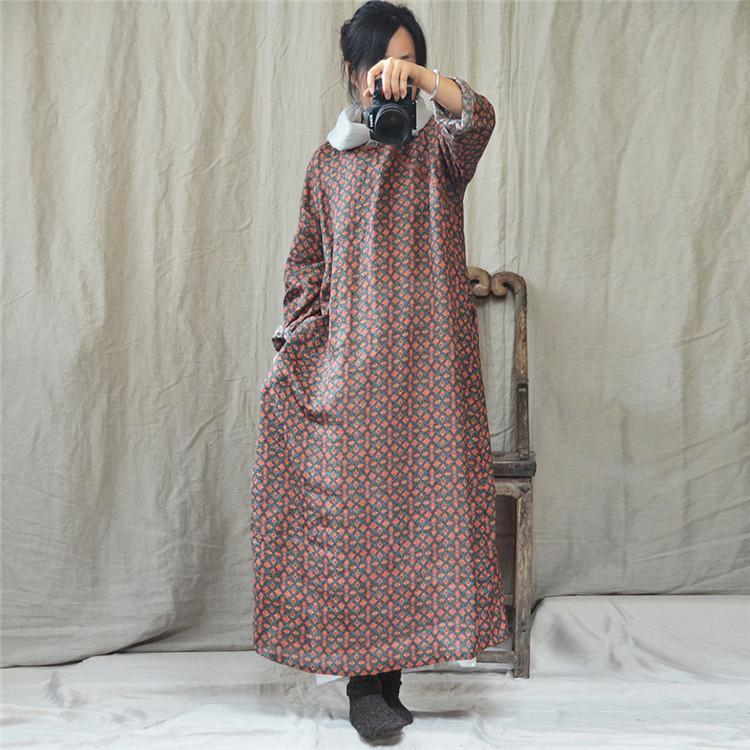 Chinese Style Autumn Printed Linen Loose Dress - Babakud