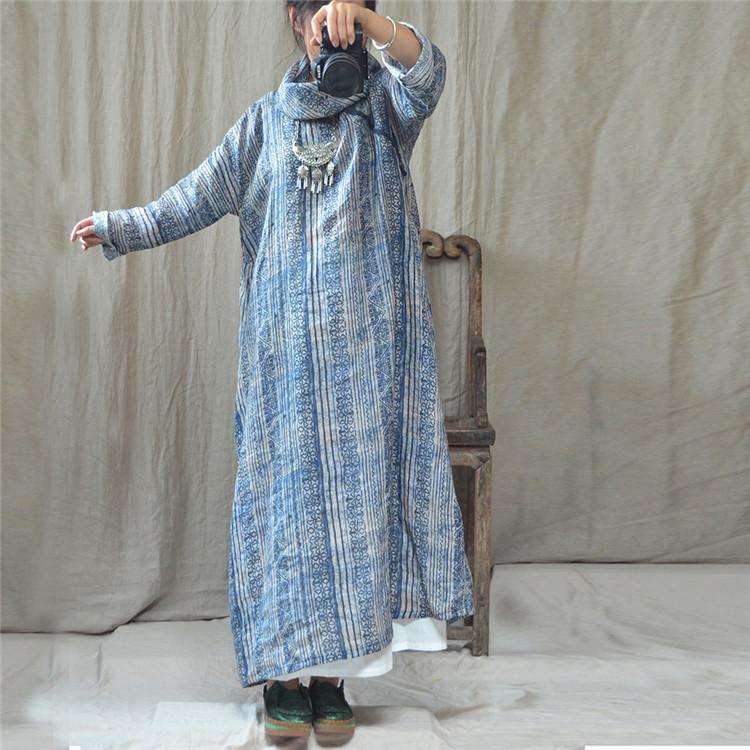 Chinese Style Autumn Printed Linen Loose Dress - Babakud