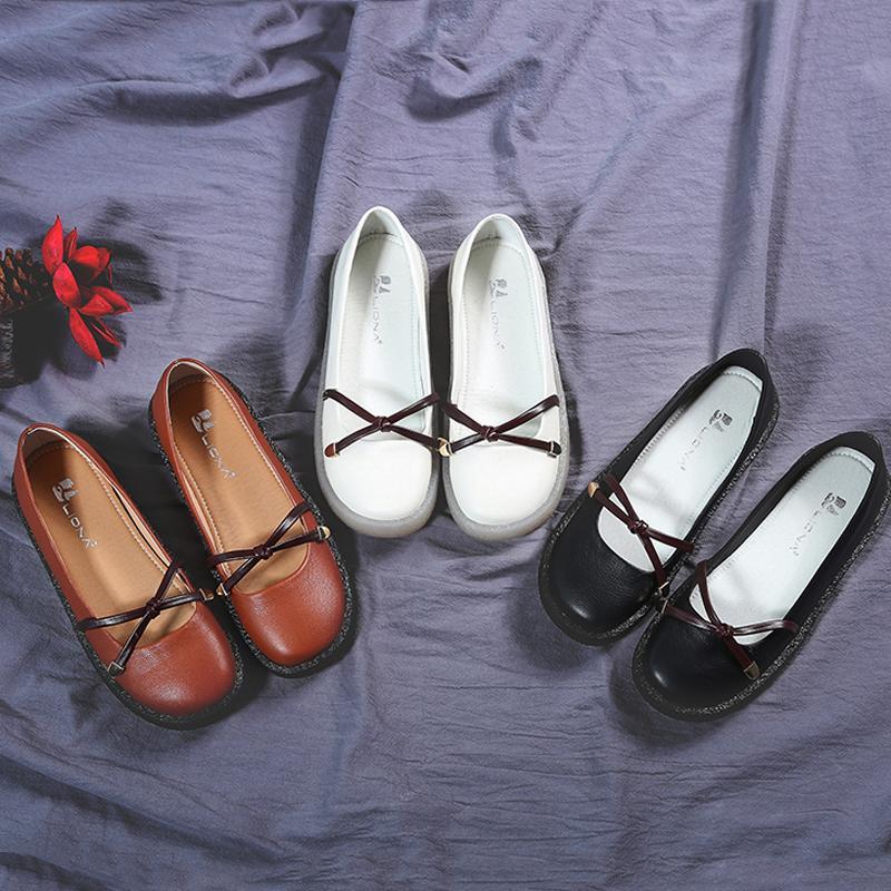 Fashion Casual Daily Round Toe Belts Leather Flat Shoes
