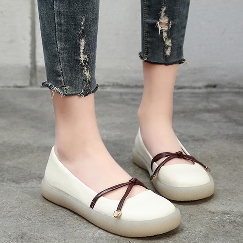 Fashion Casual Daily Round Toe Belts Leather Flat Shoes