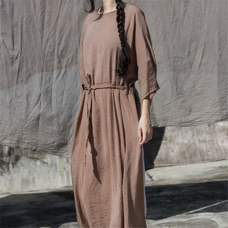 Fashion Solid Loose Color Block Maxi Short Sleeve Dress With Belt