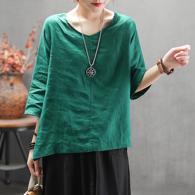 Fashion Solid V-Neck Back Belt Casual Loose Blouse 2019 April New One Size Green 