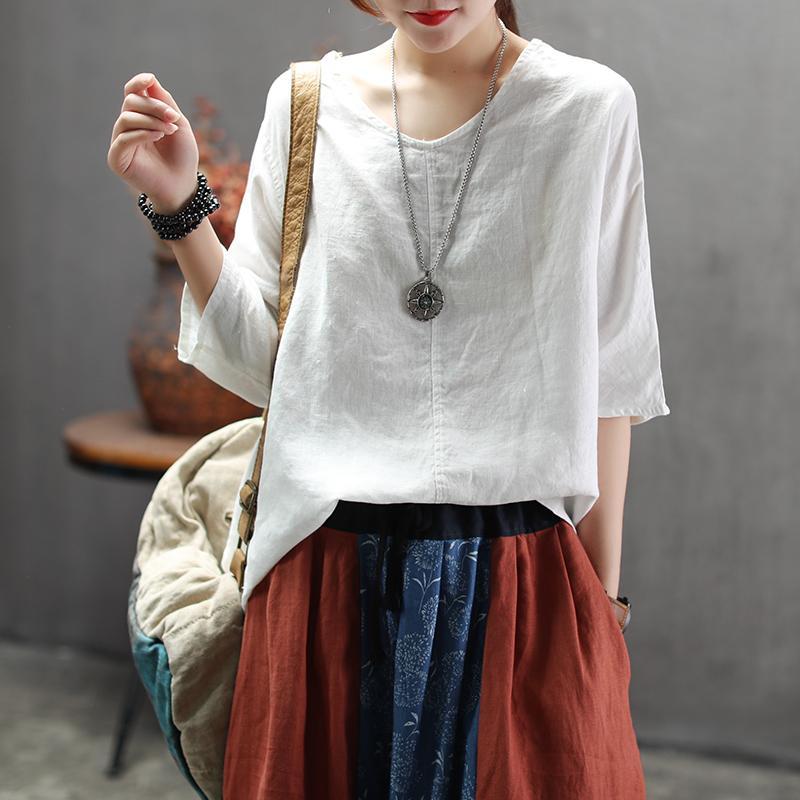 Fashion Solid V-Neck Back Belt Casual Loose Blouse 2019 April New One Size White 