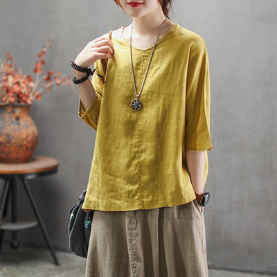Fashion Solid V-Neck Back Belt Casual Loose Blouse 2019 April New One Size Yellow 