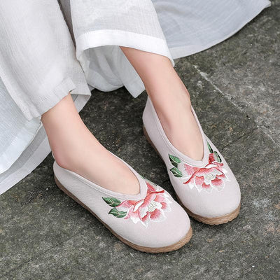 Floral Embroidered Vintage Linen Flat Casual Shoes Aug 2021 New-Arrival 35 Beige 