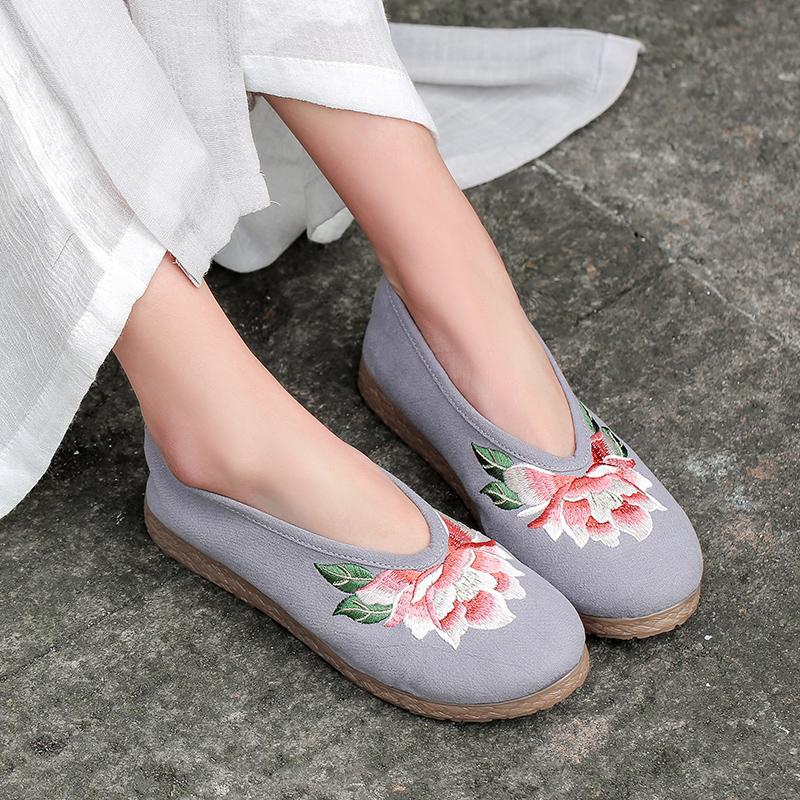Floral Embroidered Vintage Linen Flat Casual Shoes