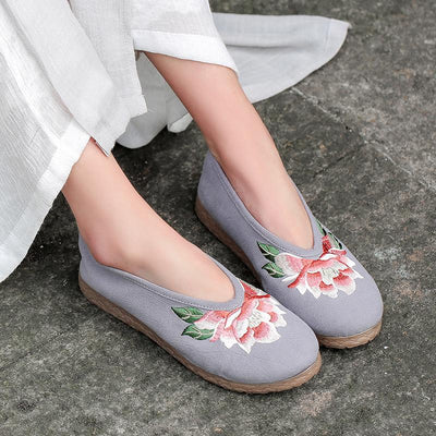Floral Embroidered Vintage Linen Flat Casual Shoes Aug 2021 New-Arrival 35 Gray 