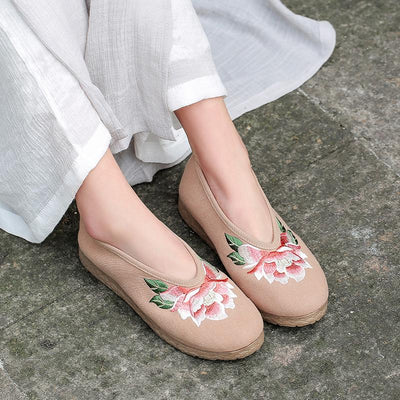 Floral Embroidered Vintage Linen Flat Casual Shoes Aug 2021 New-Arrival 35 Light Brown 
