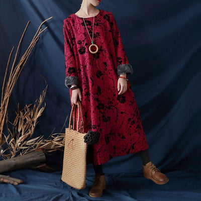 Floral Ethnic Style Fleece Dress