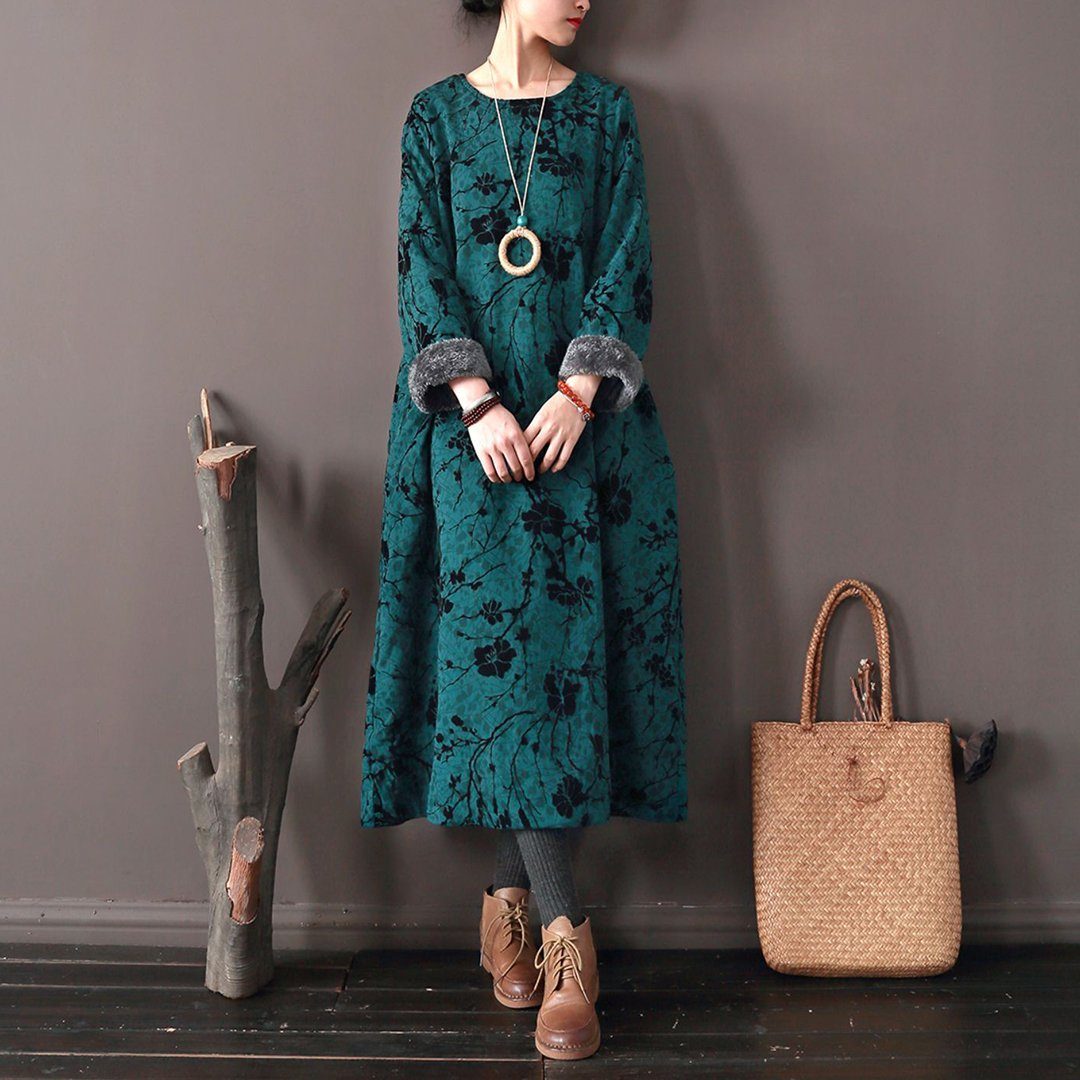 Floral Ethnic Style Fleece Dress 2019 New December One Size Dark Green 