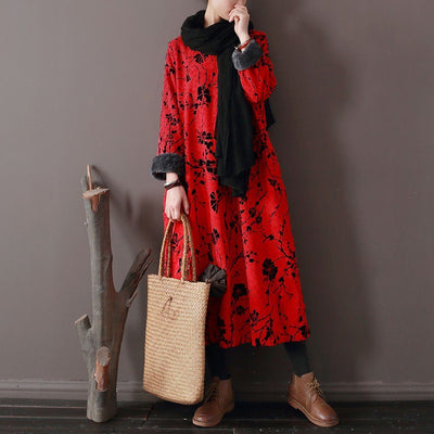 Floral Ethnic Style Fleece Dress 2019 New December One Size Red 