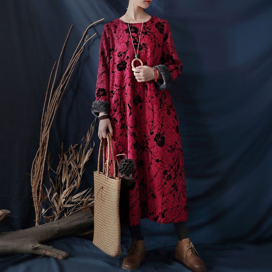 Floral Ethnic Style Fleece Dress 2019 New December One Size Wine Red 