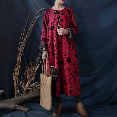 Floral Ethnic Style Fleece Dress 2019 New December One Size Wine Red 