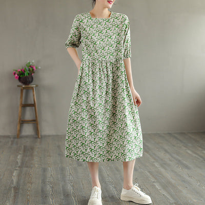 Floral Summer Comfortable Cotton Square Collar Thin Dress Jul 2022 New Arrival One Size Green 