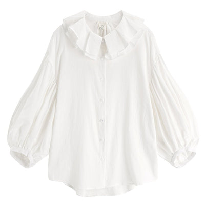 Flounce Lantern Sleeve Loose White Shirt For Women