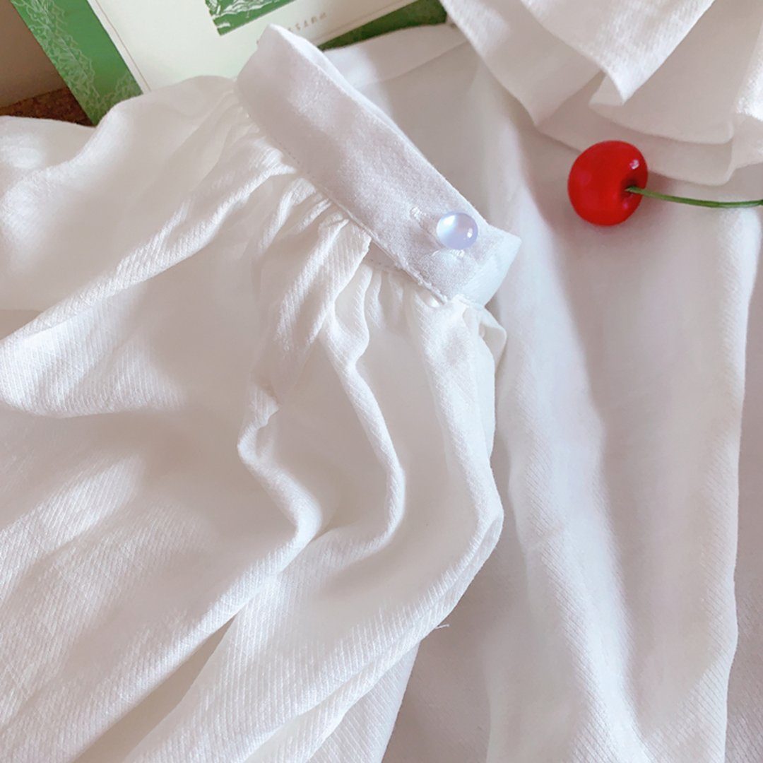 Flounce Lantern Sleeve Loose White Shirt For Women