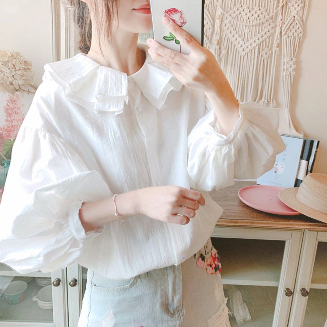 Flounce Lantern Sleeve Loose White Shirt For Women April 2020-New Arrival One Size White 