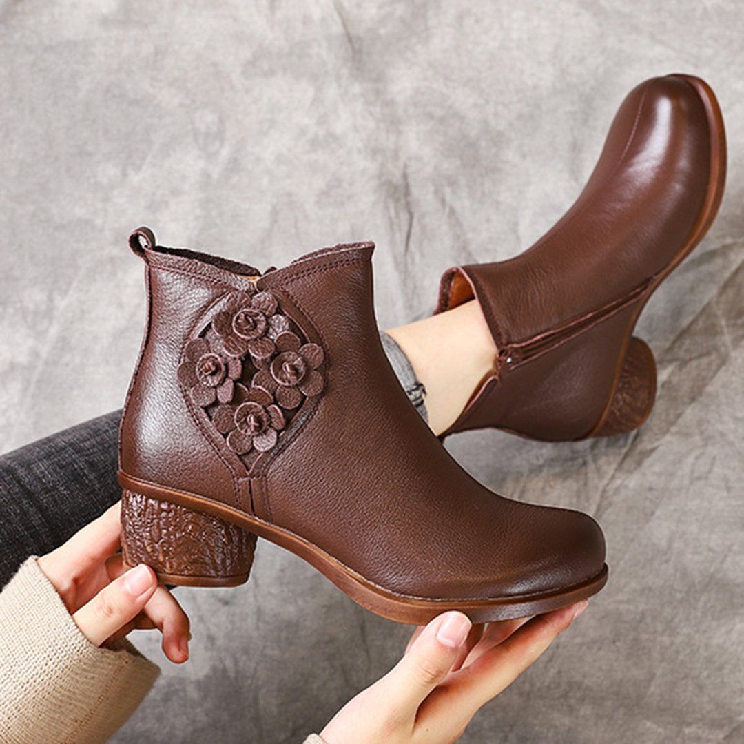 Flowers Appliqued Chunky Heels Leather Boots