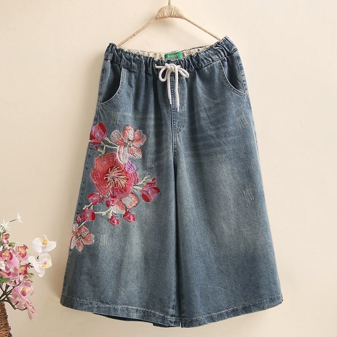 Flowers Embroidered Wide Leg Jeans 2019 New December L Blue 