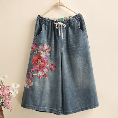 Flowers Embroidered Wide Leg Jeans
