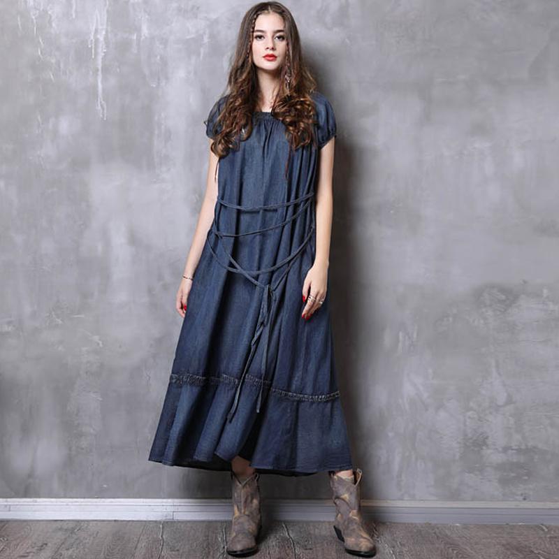 Gathered Loose Solid Short Sleeve Dress With Belt 2019 March New One Size Denim 